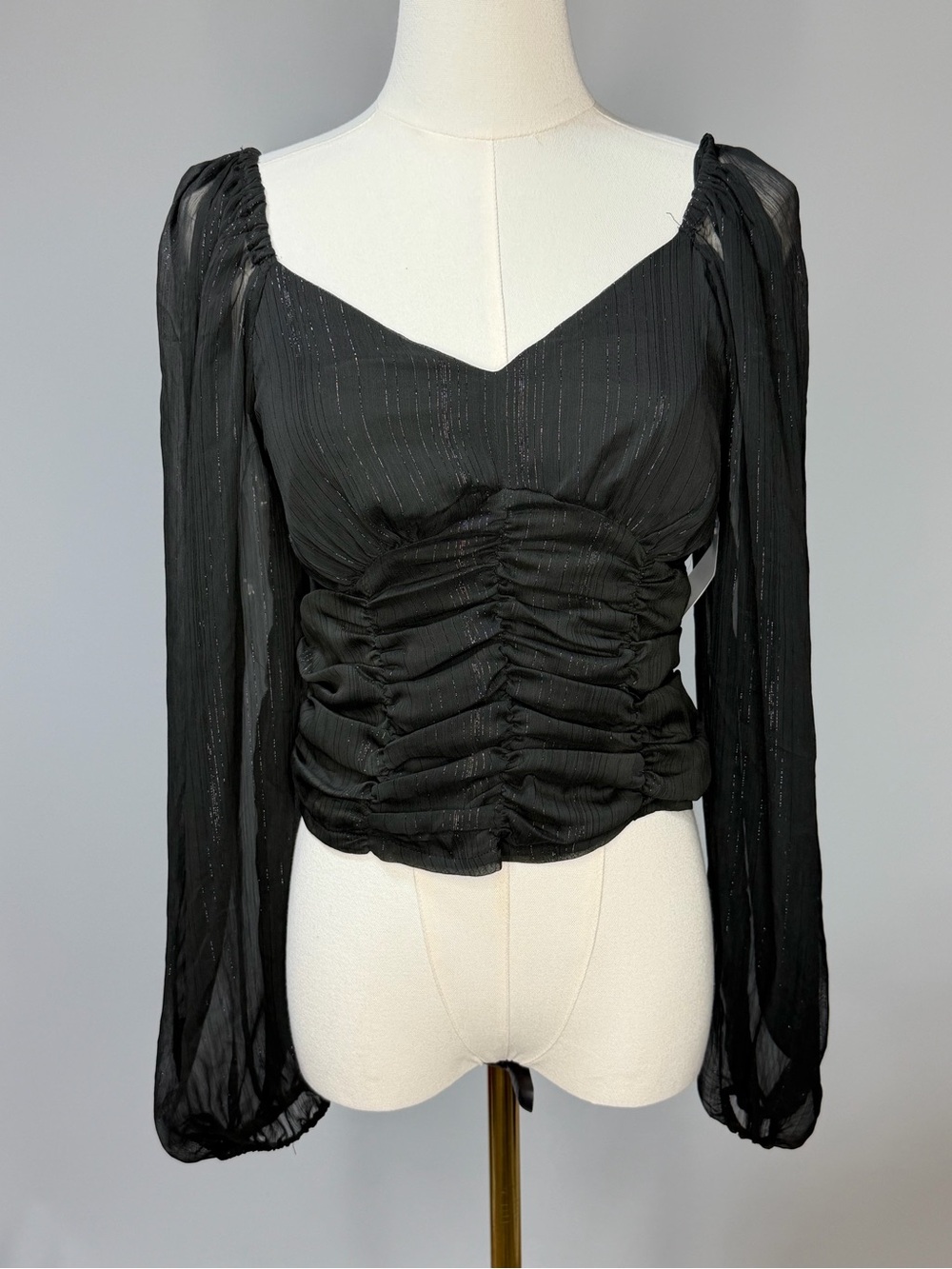SO Black Ruched Long-Sleeve Sheer Blouse